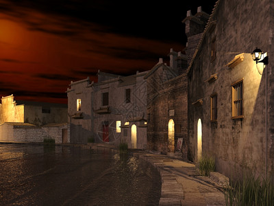 黄昏时的古代郊区村图片