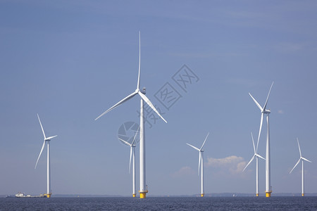 荷兰风车弗莱沃兰海岸外的ijselmr水中风涡轮机内地有蓝天背景
