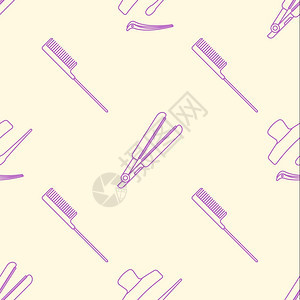 粉色紫外线轮廓设计理发师铁梳和针线无缝装饰图案图片
