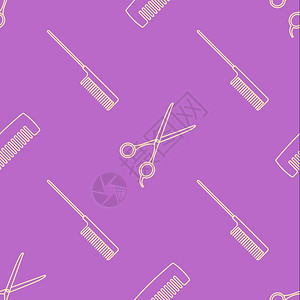 矢量光轮廓设计理发师梳剪刀无缝装饰图案与粉色紫外线隔离的粉色紫外线背景图片