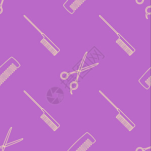 矢量光轮廓设计理发师梳剪刀无缝装饰图案与粉色紫外线隔离的粉色紫外线背景图片