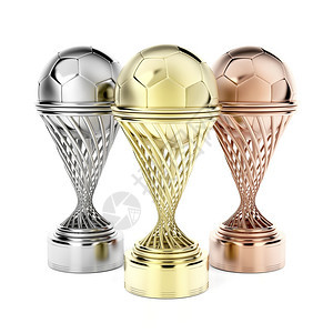 金银和青铜足球奖杯闪亮白色背景图片