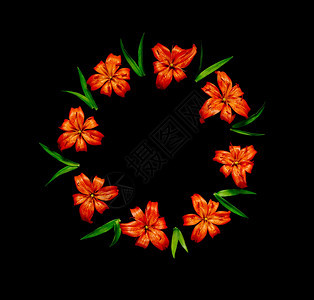 以黑色背景隔离的圆形框架式排列的美丽橙色花朵百图片