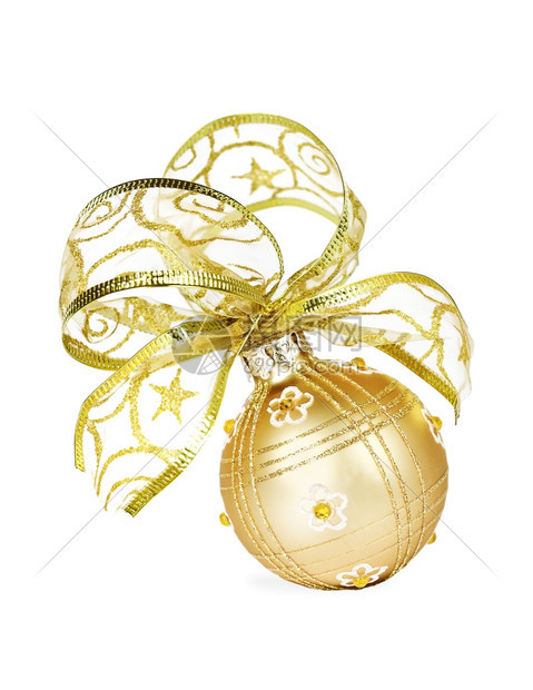 金色的圣诞舞会白色背景上有一个美丽的弓图片