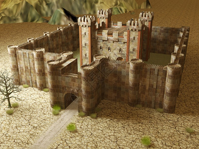 3d使中世纪的堡垒建筑外部位于破碎的地面图片