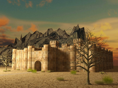 3d使中世纪的堡垒建筑外部位于破碎的地面图片