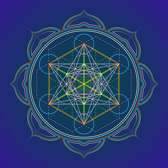 矢量设计彩色曼达拉神圣几何图解元体的立方亚特拉莲孤立的暗底背景图片