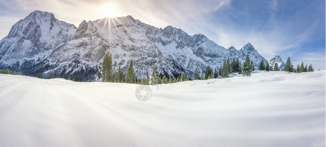 梦寐以求的冬日全景与奥斯特里亚山丘森林和谷上厚的雪层图片