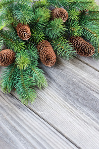 由松锥和在旧未油漆的木板背景上树枝构成圣诞节框架带有复制空间的贺卡圣诞节组成图片