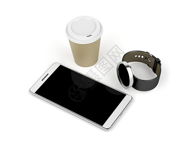 白色背景的智能手机观察和纸杯咖啡图片