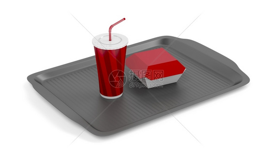 白底带软饮料和三明治盒的塑料托盘图片