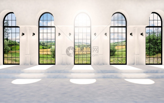 白色经典大厅有拱窗和太阳光3D图片