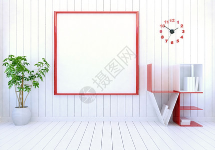 白色现代室内白色房间墙上有空照片框情人节的书架3D图片