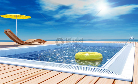 蓝色泳游池黄色生命环在水面漂浮上海滩休息者用阳伞在木地板上海观暑假的太阳甲3D图片
