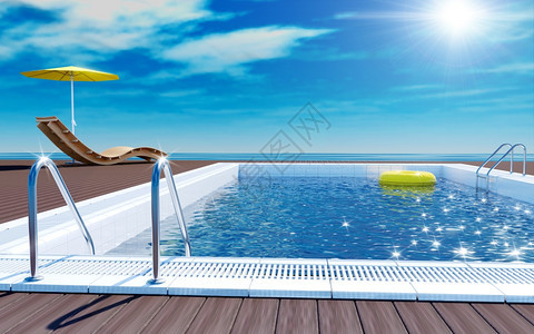 蓝色泳游池黄色生命环在水面漂浮上海滩休息者在用阳伞木地板上在海观暑假的太阳甲上图片