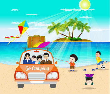 妈妈 儿子暑假开车海边自驾游插画