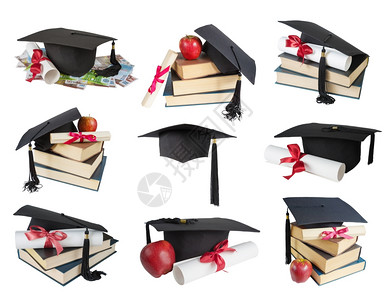 一组黑色毕业帽子一叠大书苹果和纸卷的图象这些被用红丝带捆绑弓绳住在白色背景上被孤立图片
