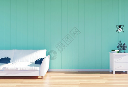 室内起居白色皮革沙发和有空间的绿色墙面板3D背景图片