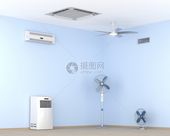 室内不同类型的空调机和电扇图片
