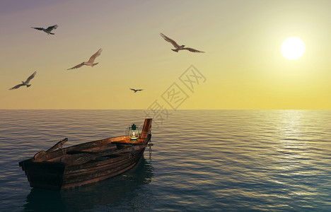 在平静的海面和日落天空上漂浮木制渔船图片