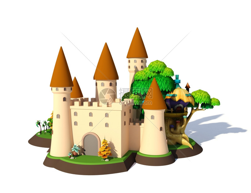 三维等距幻想卡通中世纪城堡隔离在白色背景三维渲染图片