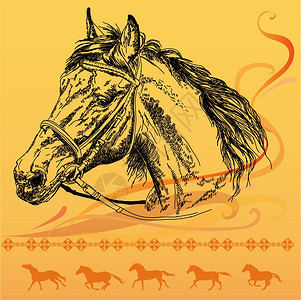 橙色背景大手画马头黑色和橙划圈马环形树枝矢量插图图片