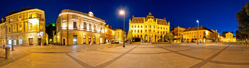 Ljublan广场和里程碑式的夜晚全景观斯洛维尼亚的首都图片