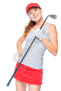 年轻运动女孩喜欢打高尔夫肖像是孤立的图片