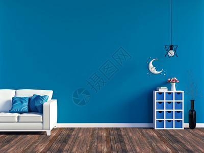室内现代蓝色客厅白色皮革沙发和有空间的蓝色墙板3D图片