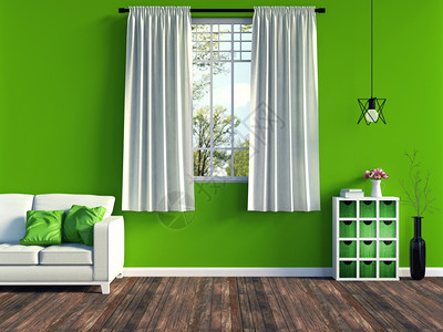 室内现代绿色客厅里面有白色沙发家具和旧木地板3D高清图片