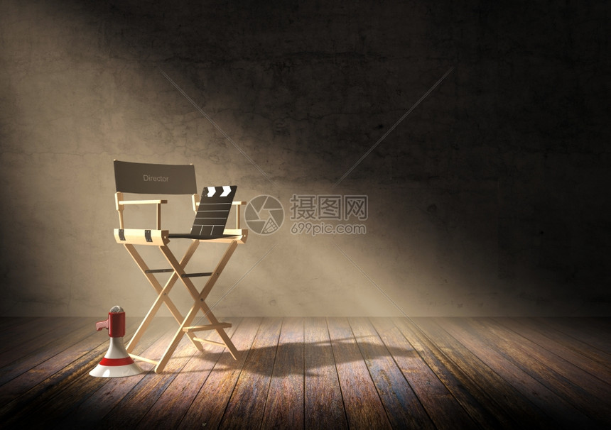 导演的椅子有锁板和扩音器在暗室的镜头聚光灯3d高清图片下载 正版图片 摄图网