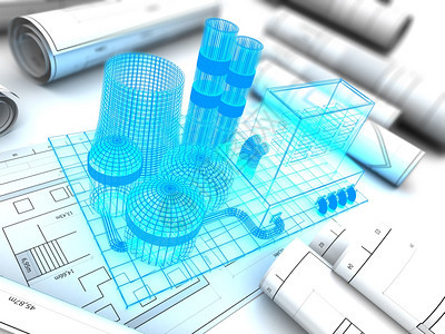 3d工厂设计文件和蓝线模型的3个插图工厂项目图片