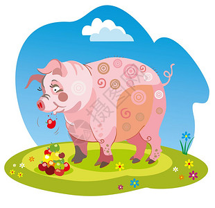 捏着东西人物滑稽卡通猪站在草地上吃着白底苹果的孤立图象设计图片