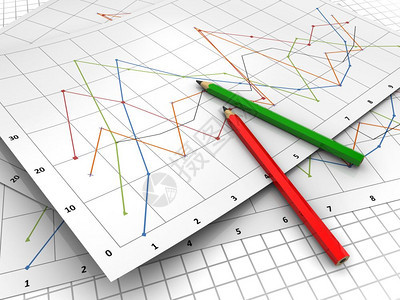 3d用商业图表和铅笔说明纸堆图片