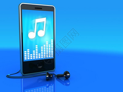 3d插图蓝色背景的移动电话播放音乐图片