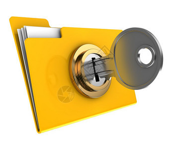 3d插图以密钥锁定的黄色文件夹孤立于白色上图片