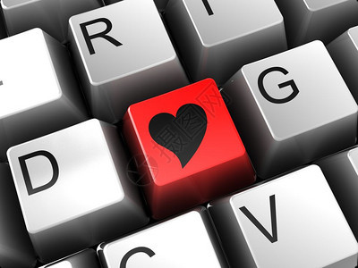 3d计算机键盘和心脏形状按钮互联网约会概念的3d插图图片
