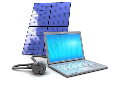 太阳能电池图案3d笔记本电脑和太阳能池板白色背景背景