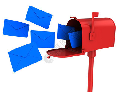 抽象的3d红色信箱插图带有蓝色字母孤立在白色背景上图片
