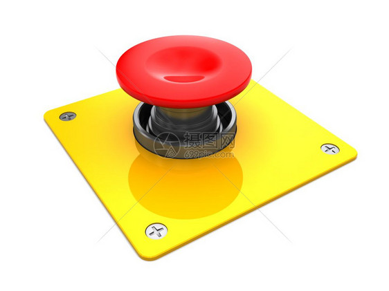 3d显示白色背景上黄盘子的红按钮图片