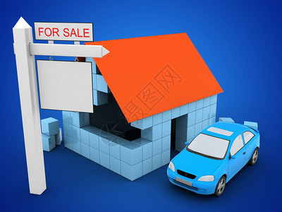 3d插图的积木屋在蓝色背景与汽车和销售标志3d汽车图片