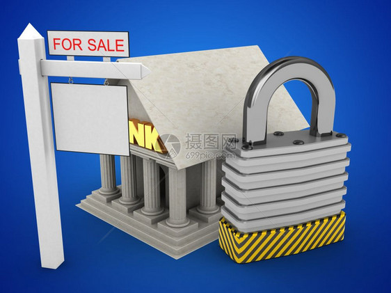 3d蓝色背景的银行挂锁和销售标志图片