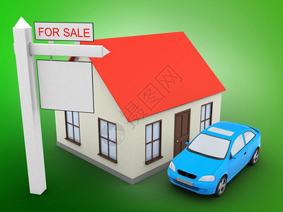 3d以汽车和销售标志取代绿色背景的通用房屋销售标志图片