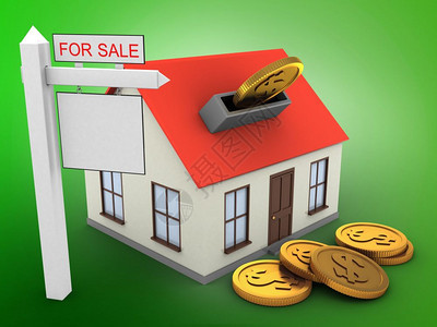 3d以硬币和销售标志为代表绿色背景的通用房屋图硬币图片