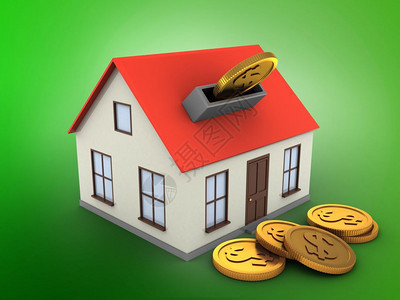 3d以硬币代替绿色背景的通用房屋图空白图片