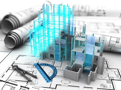 以建筑计算机模型取代蓝图的抽象3d插图片