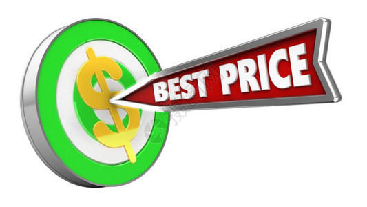 3d显示绿色目标以最佳价格箭头和白背景的美元符号显示图片