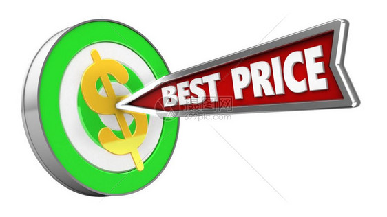 3d显示绿色目标以最佳价格箭头和白背景的美元符号显示图片