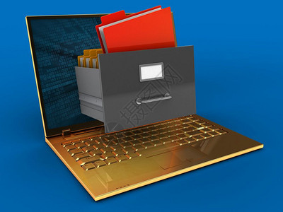 3d金色计算机蓝背景的3d插图带有二进制数据屏幕和存档图片