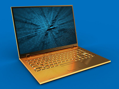 3d金色计算机蓝背景的3d插图带有二进制数据屏幕背景图片